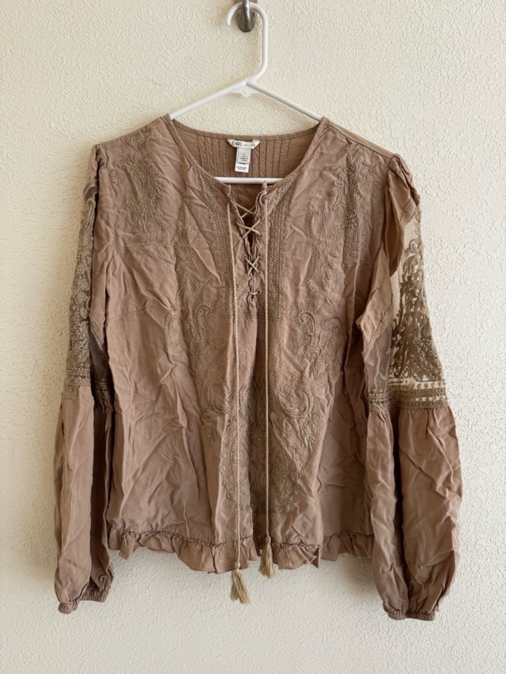 Boho Lace-Up Embroidered Peasant Top - Taupe